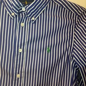 Ralph Lauren Boy’s Blue Striped Shirt size large green pony Easter Oxford